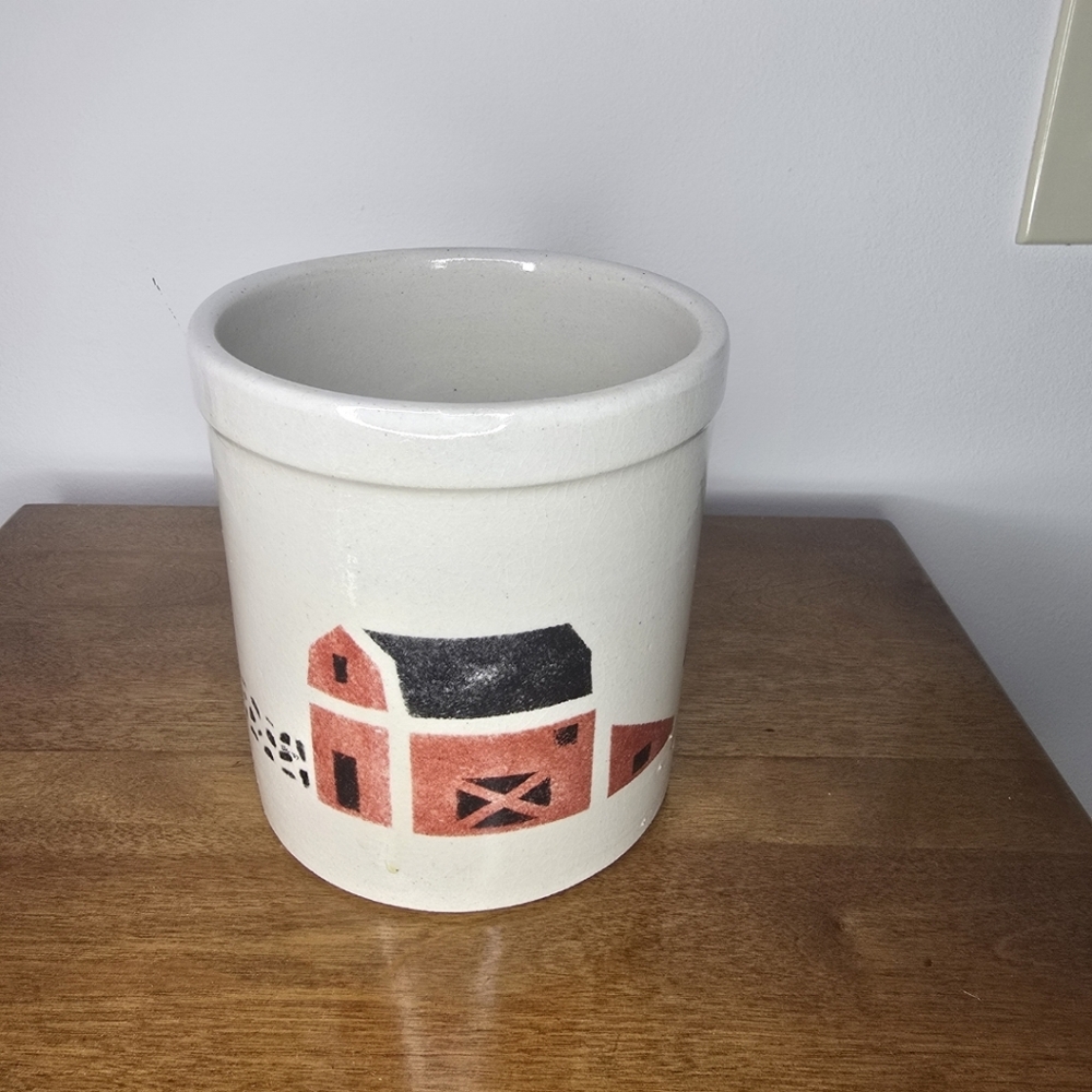Vintage Robinson-Ransbottom Farm Scene Folk Art Primative Ceramic Crock